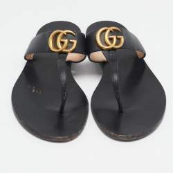 Pre Owned Gucci Black Leather GG Marmont Thong Flats Size 41