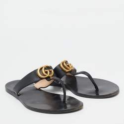 Pre Owned Gucci Black Leather GG Marmont Thong Flats Size 41