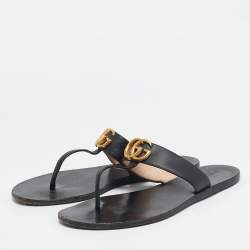 Pre Owned Gucci Black Leather GG Marmont Thong Flats Size 41