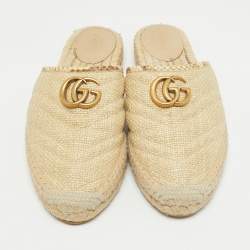 Pre Owned Gucci Beige Matelasse Raffia GG Marmont Espadrille Mules Size 38