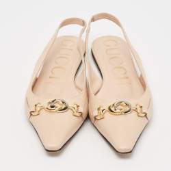 Pre Owned Gucci Beige Leather Zumi Slingback Flats Size 38.5