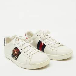 Gucci White Leather and Snakeskin Embossed Ace Web Lace Up Sneakers Size 37