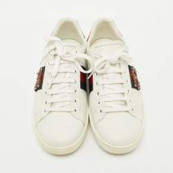 Gucci White Leather and Snakeskin Embossed Ace Web Lace Up Sneakers Size 37