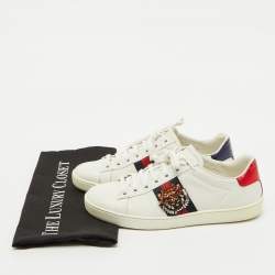 Gucci White Leather and Snakeskin Embossed Ace Web Lace Up Sneakers Size 37