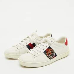 Gucci White Leather and Snakeskin Embossed Ace Web Lace Up Sneakers Size 37