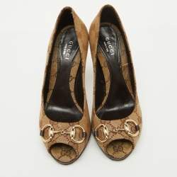Gucci Brown Canvas and Leather New Hollywood Peep Toe Pumps Size 35.5