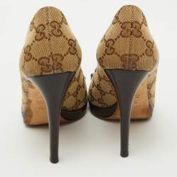 Gucci Brown Canvas and Leather New Hollywood Peep Toe Pumps Size 35.5