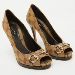 Gucci Brown Canvas and Leather New Hollywood Peep Toe Pumps Size 35.5