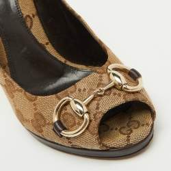 Gucci Brown Canvas and Leather New Hollywood Peep Toe Pumps Size 35.5