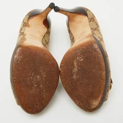 Gucci Brown Canvas and Leather New Hollywood Peep Toe Pumps Size 35.5