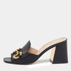 مملوكة مسبقًا Gucci Black Leather Horsebit Slide Sandals Size 37.5