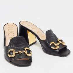 مملوكة مسبقًا Gucci Black Leather Horsebit Slide Sandals Size 37.5
