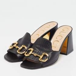 مملوكة مسبقًا Gucci Black Leather Horsebit Slide Sandals Size 37.5