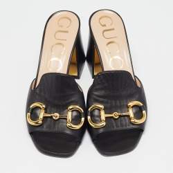 مملوكة مسبقًا Gucci Black Leather Horsebit Slide Sandals Size 37.5