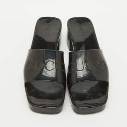 Pre Owned Gucci Black Rubber Logo Embossed Platform Slide Sandals Size 41