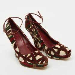 Gucci Multicolor Pattern Velvet Platform Wedge Pumps Size 39.5