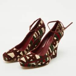 Gucci Multicolor Pattern Velvet Platform Wedge Pumps Size 39.5