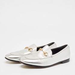 Pre Owned Gucci Silver Leather Jordaan Loafers Size 38