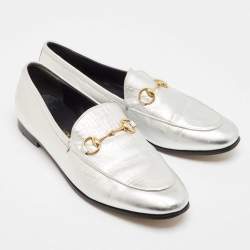 Pre Owned Gucci Silver Leather Jordaan Loafers Size 38