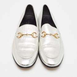 Pre Owned Gucci Silver Leather Jordaan Loafers Size 38