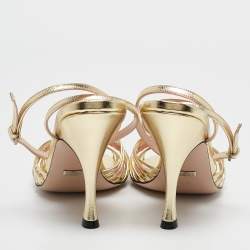 Pre Owned Gucci Gold Leather GG Chain Embellished Ankle Strap Sandals Size 38.5