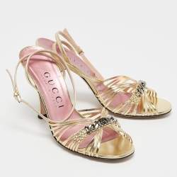 Pre Owned Gucci Gold Leather GG Chain Embellished Ankle Strap Sandals Size 38.5