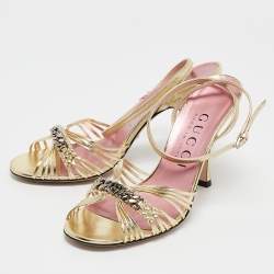 Pre Owned Gucci Gold Leather GG Chain Embellished Ankle Strap Sandals Size 38.5