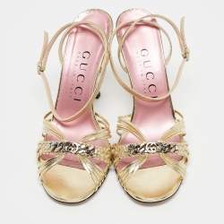 Pre Owned Gucci Gold Leather GG Chain Embellished Ankle Strap Sandals Size 38.5