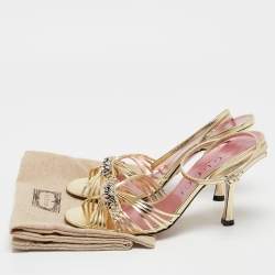 Pre Owned Gucci Gold Leather GG Chain Embellished Ankle Strap Sandals Size 38.5