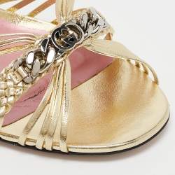 Pre Owned Gucci Gold Leather GG Chain Embellished Ankle Strap Sandals Size 38.5