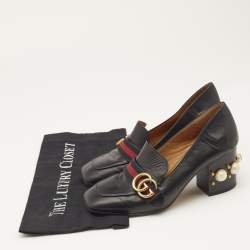 Gucci Black Leather Web Pearl Embellished Peyton Loafer Pumps Size 38.5