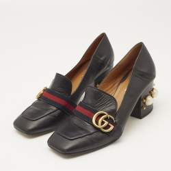 Gucci Black Leather Web Pearl Embellished Peyton Loafer Pumps Size 38.5