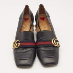 Gucci Black Leather Web Pearl Embellished Peyton Loafer Pumps Size 38.5