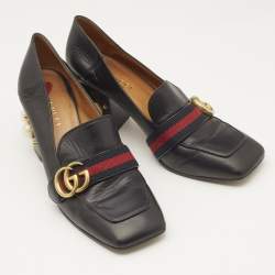 Gucci Black Leather Web Pearl Embellished Peyton Loafer Pumps Size 38.5