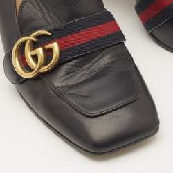 Gucci Black Leather Web Pearl Embellished Peyton Loafer Pumps Size 38.5