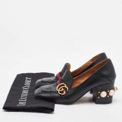 Gucci Black Leather Web GG Marmont Faux Pearl Block Heel Loafer Pumps Size 38