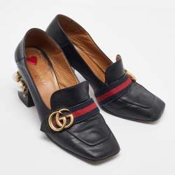 Gucci Black Leather Web GG Marmont Faux Pearl Block Heel Loafer Pumps Size 38