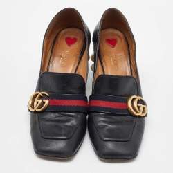 Gucci Black Leather Web GG Marmont Faux Pearl Block Heel Loafer Pumps Size 38
