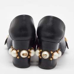 Gucci Black Leather Web GG Marmont Faux Pearl Block Heel Loafer Pumps Size 38