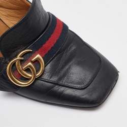 Gucci Black Leather Web GG Marmont Faux Pearl Block Heel Loafer Pumps Size 38