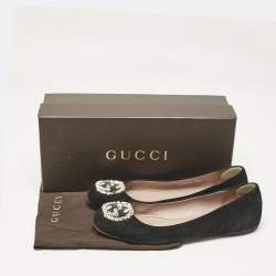 Gucci Black Suede Interlocking G Crystal Ballet Flats Size 38.5