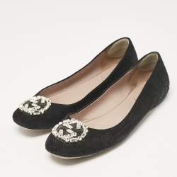 Gucci Black Suede Interlocking G Crystal Ballet Flats Size 38.5
