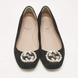 Gucci Black Suede Interlocking G Crystal Ballet Flats Size 38.5