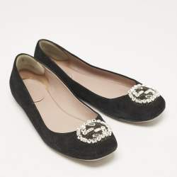 Gucci Black Suede Interlocking G Crystal Ballet Flats Size 38.5
