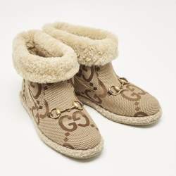 مملوكة مسبقًا Gucci Brown GG Canvas and Faux Fur Horsebit Fria Snow Boots Size 39