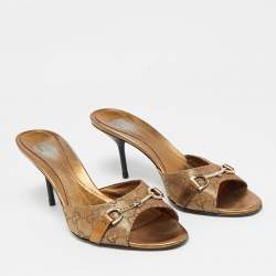 Gucci Metallic Gold GG Lurex Fabric Horsebit Open Toe Slide Sandals Size 39.5