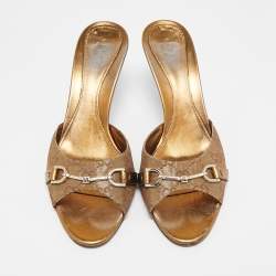 Gucci Metallic Gold GG Lurex Fabric Horsebit Open Toe Slide Sandals Size 39.5