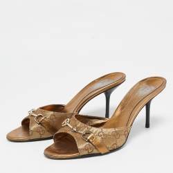 Gucci Metallic Gold GG Lurex Fabric Horsebit Open Toe Slide Sandals Size 39.5