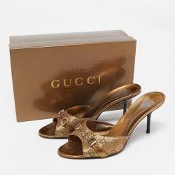 Gucci Metallic Gold GG Lurex Fabric Horsebit Open Toe Slide Sandals Size 39.5