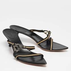 Pre Owned Gucci Black GG Interlocking Leather Strappy Slide Sandals Size 37.5